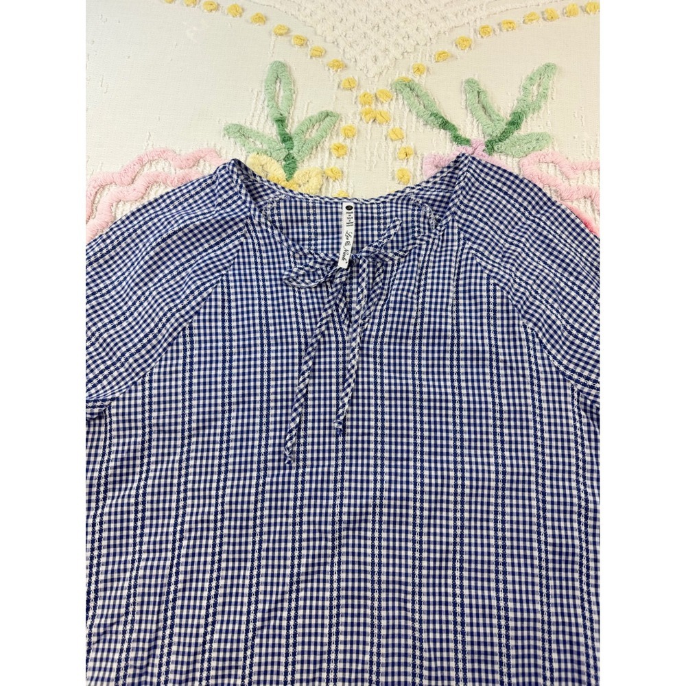 Leo Nicole Blue Gingham Tie Neck Blouse Women's Size‎ Small Puff Sleeve - Picture 5 of 7